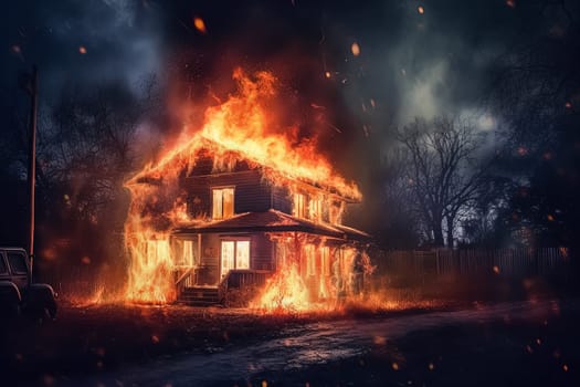 A house is on fire in a desolate area. The fire is so intense that it is almost impossible to see the house. Scene is one of destruction and despair