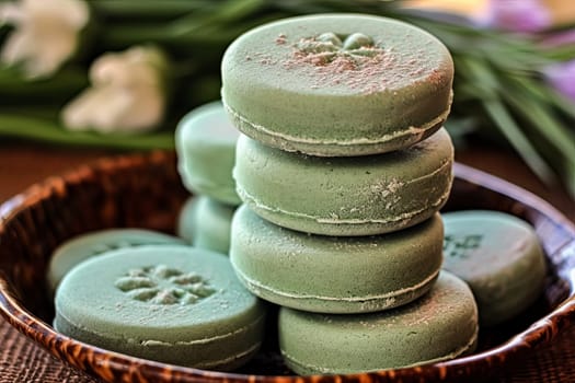 A stack of green bath bombs with a cross on them. The bath bombs are piled on top of each other on a wooden table