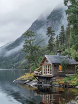 A cabin is situated on a lake with a rainbow in the sky. The cabin is surrounded by trees and the water is calm. The scene is peaceful and serene