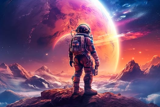 A man in a spacesuit stands on a rocky surface looking up at a red planet. Concept of wonder and adventure, as the man is exploring the unknown depths of space