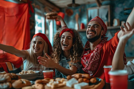 Sports fans cheering during a match at home.