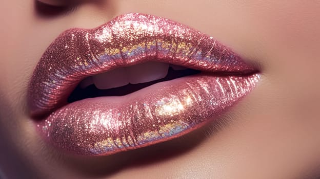 A close up of a woman's mouth with glittery pink lipstick. Concept of glamour and beauty, as the glittery pink lipstick adds a touch of sparkle and sophistication to the woman's appearance