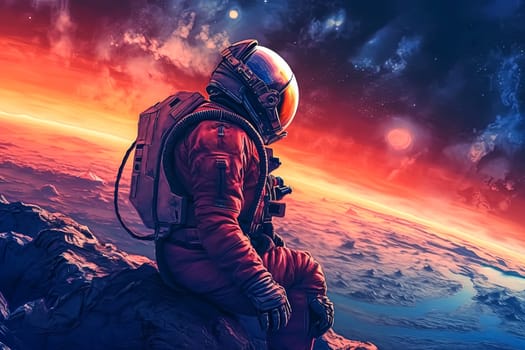 A man in a spacesuit stands on a rocky surface looking up at a red planet. Concept of wonder and adventure, as the man is exploring the unknown depths of space