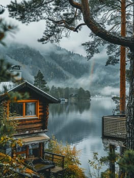 A cabin is situated on a lake with a rainbow in the sky. The cabin is surrounded by trees and the water is calm. The scene is peaceful and serene