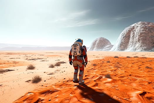 A man in a space suit stands on a rocky surface looking up at a large planet. The scene is set in a barren, desolate landscape with no signs of life