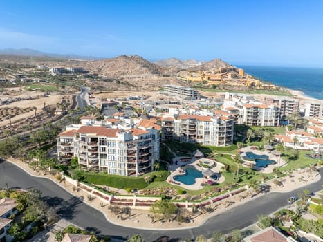 Aerial view of big resorts with pool in Cabo San Jose, Baja California Sur, Mexico