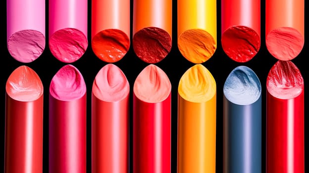 A row of colorful lipsticks are displayed on a table. The lipsticks are arranged in a way that they look like they are melting or spilling out of their containers. Concept of fun and playfulness