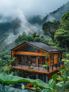 A cabin is situated on a lake with a rainbow in the sky. The cabin is surrounded by trees and the water is calm. The scene is peaceful and serene