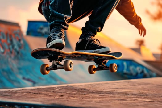 A close-up of a skateboarder's feet executing a trick..