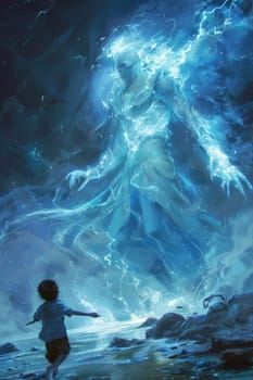 A young boy is standing in front of a giant blue monster. The monster is holding a sword and he is a guardian or protector. The scene is set in a fantastical world, with the sky