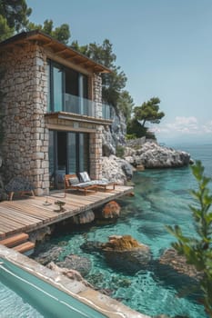 A beautiful beach house with a pool and a large body of water in the background. The water is crystal clear and the rocks surrounding the pool add to the serene atmosphere