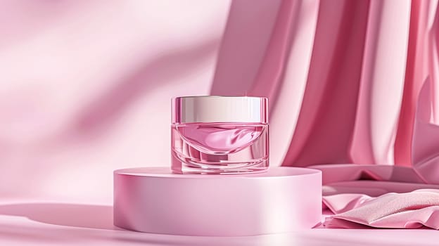 Cosmetic cream in a glass jar on a pink background. Skin care concept. Backdrop for beauty products