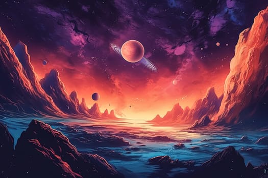 A painting of a galaxy with many planets and stars. The painting is full of color and has a sense of depth. The mood of the painting is peaceful and serene