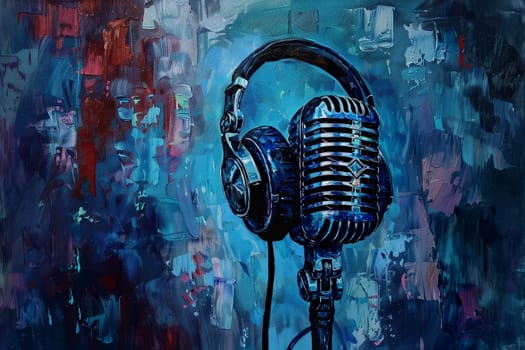 Vintage art microphone with headphones set against a isolated background in a music studio..