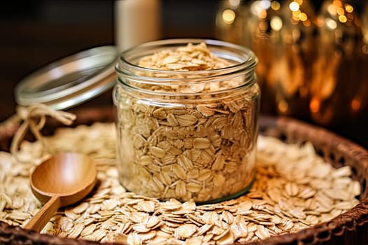 A jar of oatmeal is on a table with a spoon and a pile of oatmeal. The jar is half full and the oatmeal is scattered around it