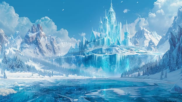 A castle is shown in the distance with a frozen lake in front of it. The castle is surrounded by snow and ice, giving it a cold and desolate appearance