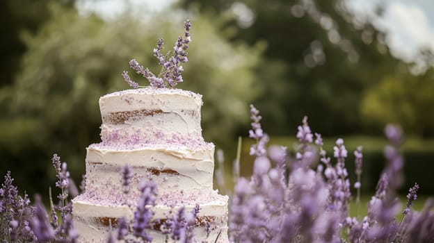 Wedding cake with lavender flowers. Festive table decoration.