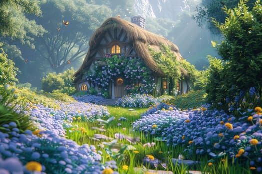 A house in fairy tail with a green roof and flowers growing. The house is surrounded by a lush green field with a lot of flowers