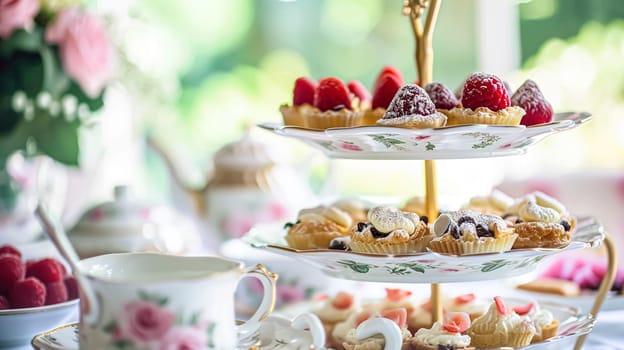 Elegant table setting for tea party with cakes and cupcakes in English manor. Selective focus. Vintage style