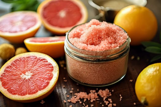 A glass jar with grapefruit salt scrub for the body, a concept of body care cosmetics. Sliced grapefruit rounds are placed around it.