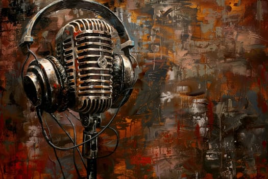 Vintage art microphone with headphones set against a isolated background in a music studio..