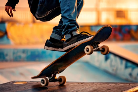 A close-up of a skateboarder's feet executing a trick..