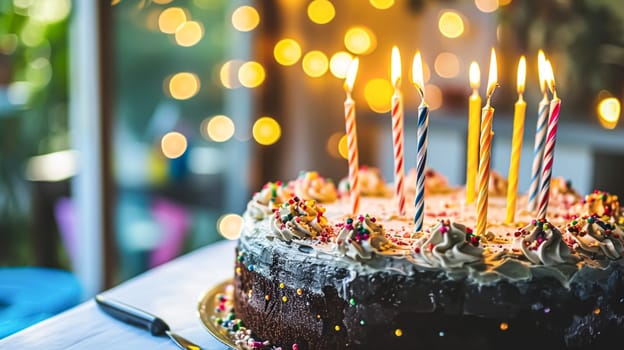 Birthday cake with candles and flowers on the table. Selective focus.