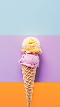 Scoops of ice cream in a waffle cone on a colorful background