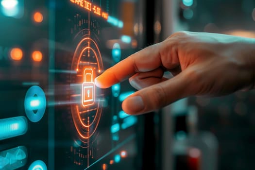 business man hand touching on virtual digital padlock key diagram with media link connecting technology background, networking tech, cybersecurity, cyber network connection concept.