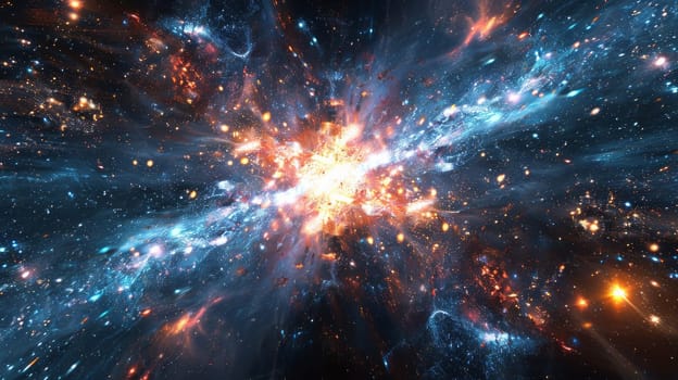 A bright blue and orange starburst in space. The bright orange star is surrounded by a blue and white swirl of stars