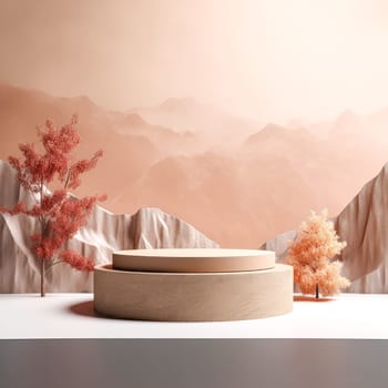 A model of a mountain scene with a tree and a stone pedestal. The scene is set in a warm, orange-toned room with a mountain backdrop