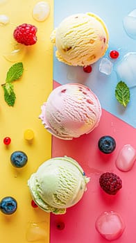 Scoops of ice cream on a colorful background