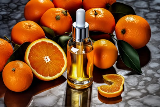 A bottle of orange face oil sits on the table surrounded by oranges, representing natural skincare.