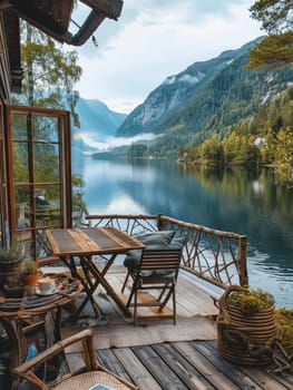 A wooden deck overlooking a lake with a table and chairs. The table has a vase of flowers and a cup of coffee. Scene is peaceful and relaxing