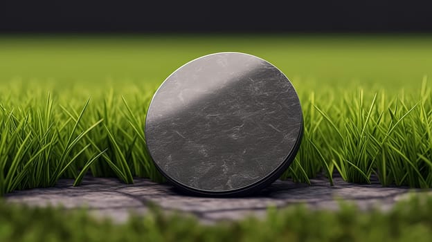 A black and grey object is sitting on a green field. The object is round and has a shiny surface. The field is lush and green, with no visible signs of wear or damage. Concept of calm and tranquility