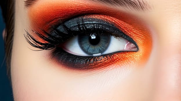 A woman with red and black eye makeup. The eye makeup is bold and dramatic, with the red and black colors contrasting against her blue eyes. Scene is edgy and confident