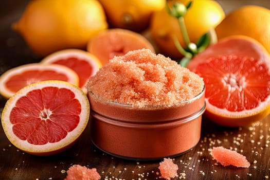 A glass jar with grapefruit salt scrub for the body, a concept of body care cosmetics. Sliced grapefruit rounds are placed around it.