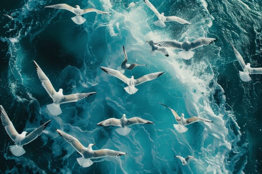 A flock of seagulls flying over the ocean. The birds are white and the water is blue