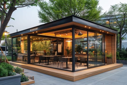 A small, modern building with a glass roof and wooden floors. The building has a restaurant inside and a patio area