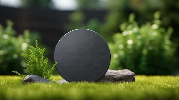 A black and grey object is sitting on a green field. The object is round and has a shiny surface. The field is lush and green, with no visible signs of wear or damage. Concept of calm and tranquility
