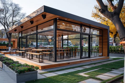 A small, modern building with a glass roof and wooden floors. The building has a restaurant inside and a patio area