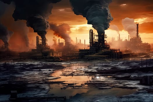 A large industrial plant is spewing smoke into the air. The sky is dark and the water is murky. The scene is bleak and foreboding