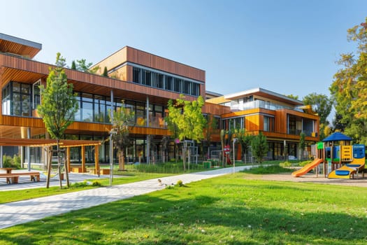 School building with playground in front of building.