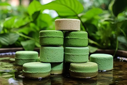 A stack of green bath bombs in a vase. The bath bombs are green and are stacked on top of each other