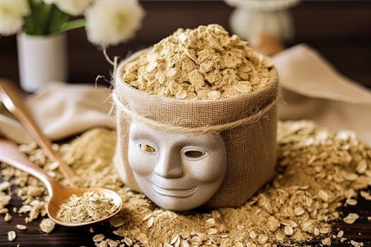 A jar of oatmeal is on a table with a spoon and a pile of oatmeal. The jar is half full and the oatmeal is scattered around it