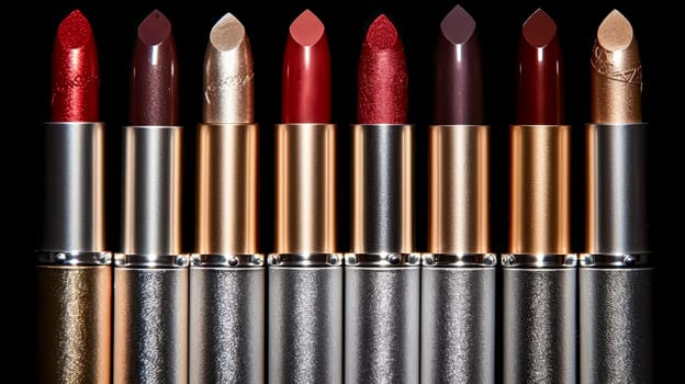 A row of lipsticks with glittery colors. The lipsticks are arranged in a row, with the first one being red and the last one being gold