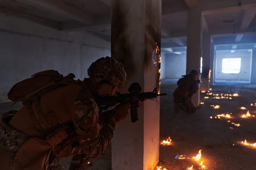 A group of professional soldiers bravely executes a dangerous rescue mission, surrounded by fire in a perilous building