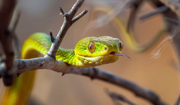 Close-up of a green snake slithering through the branches. Year of the snake. Fauna, reptiles.