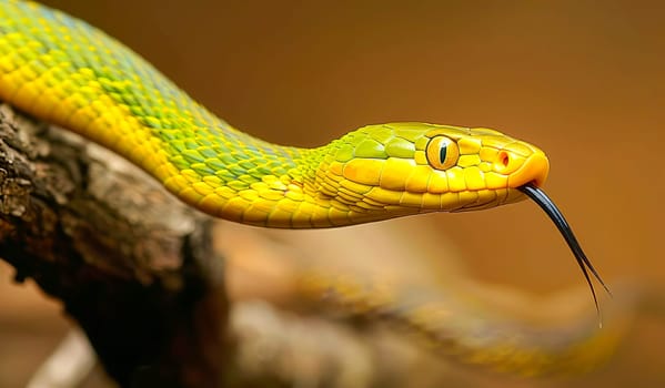 Close-up of a green snake slithering through the branches. Year of the snake. Fauna, reptiles.