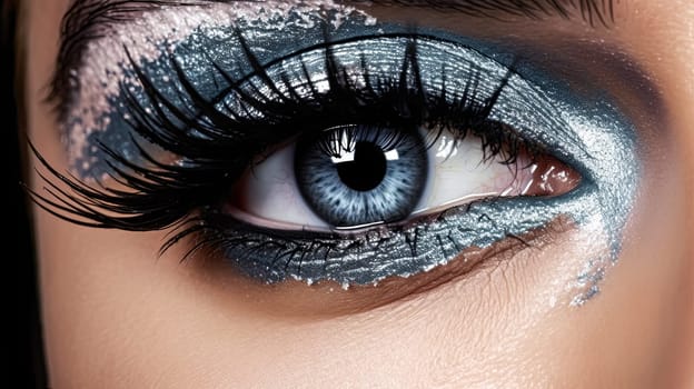 A woman's eye is painted with a colorful design. The colors are bright and bold, creating a fun and playful look. The eye makeup is likely inspired by a street art or graffiti style